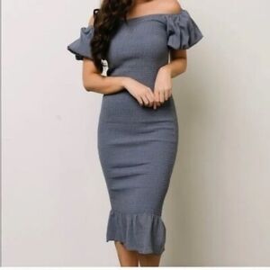 Baltic Born Alana Smocked Midi Dress Puff Sleeve Off Shoulder Blue Medium M